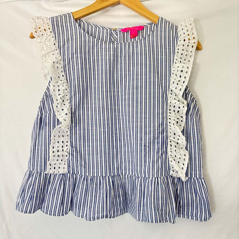Womens Lilly Pulitzer Blue Stripe Ellis Peplum Ruffle Sleeveless Top Size M Medi